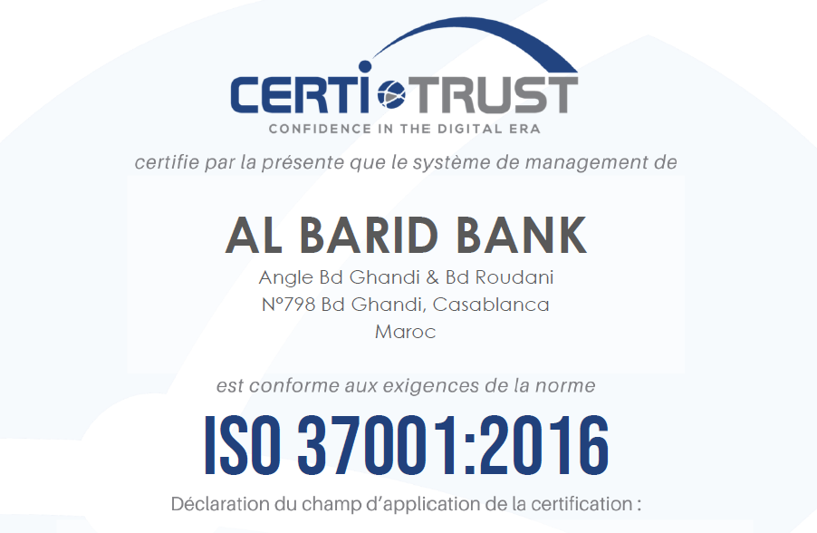 Al Barid Bank a obtenu la certification ISO 37001