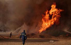 Griekse brandweerlieden strijden tegen grote bosbrand ten noordwesten van Athene op de vijfde dag